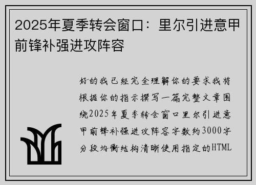 2025年夏季转会窗口：里尔引进意甲前锋补强进攻阵容